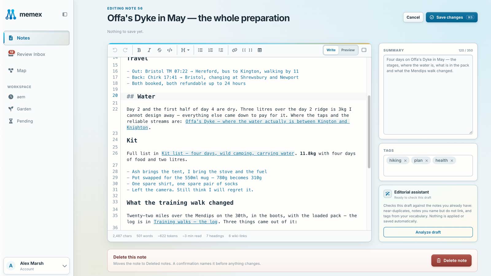 A note being edited as plain Markdown